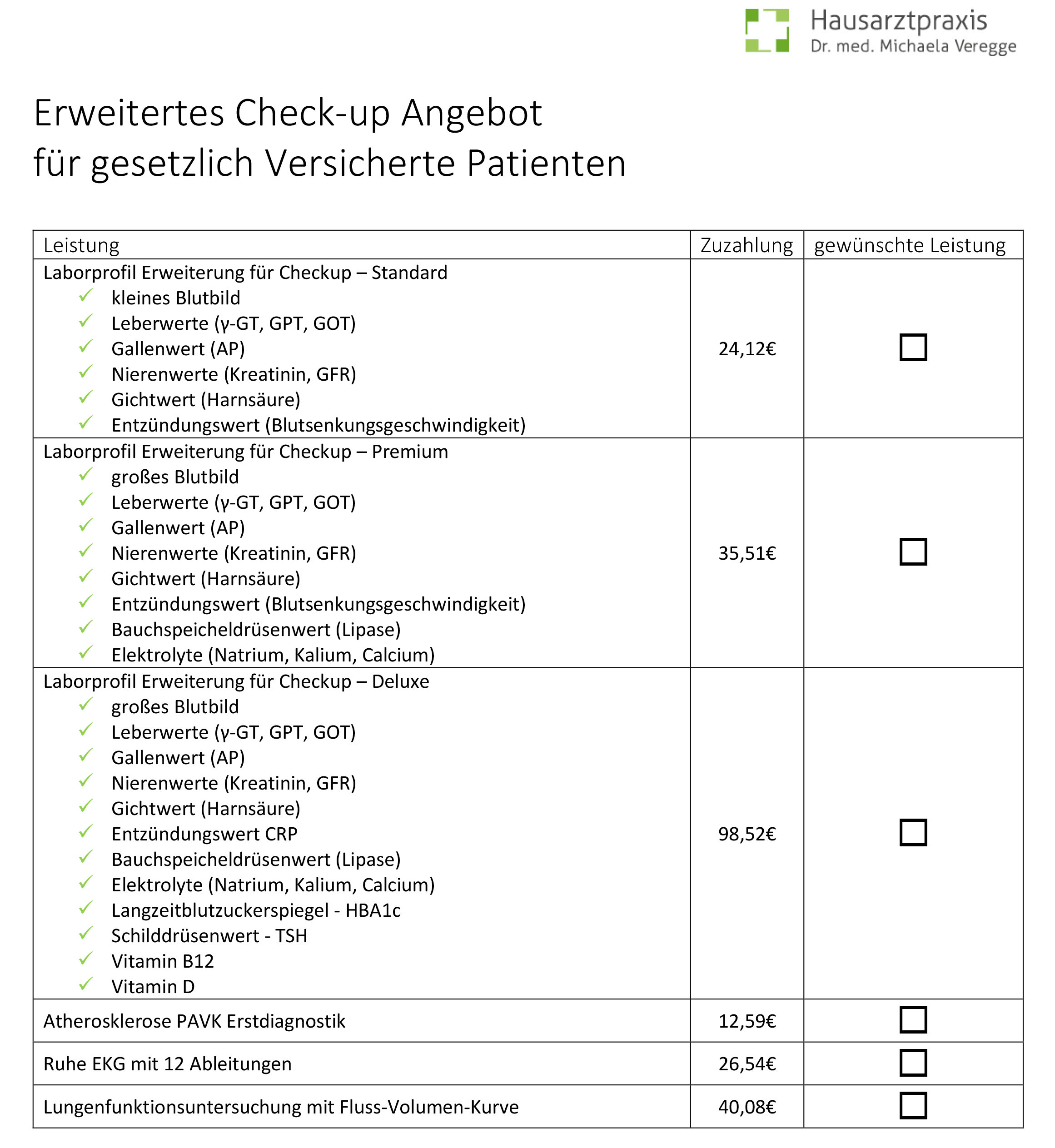 Preisliste - Checkup plus